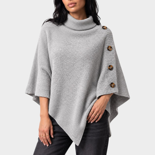 Women's Knit Poncho Turtleneck Asymmetric Hem Button Detai