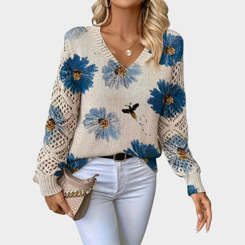 Women’s Floral Knitted Sweater Polished V Neck