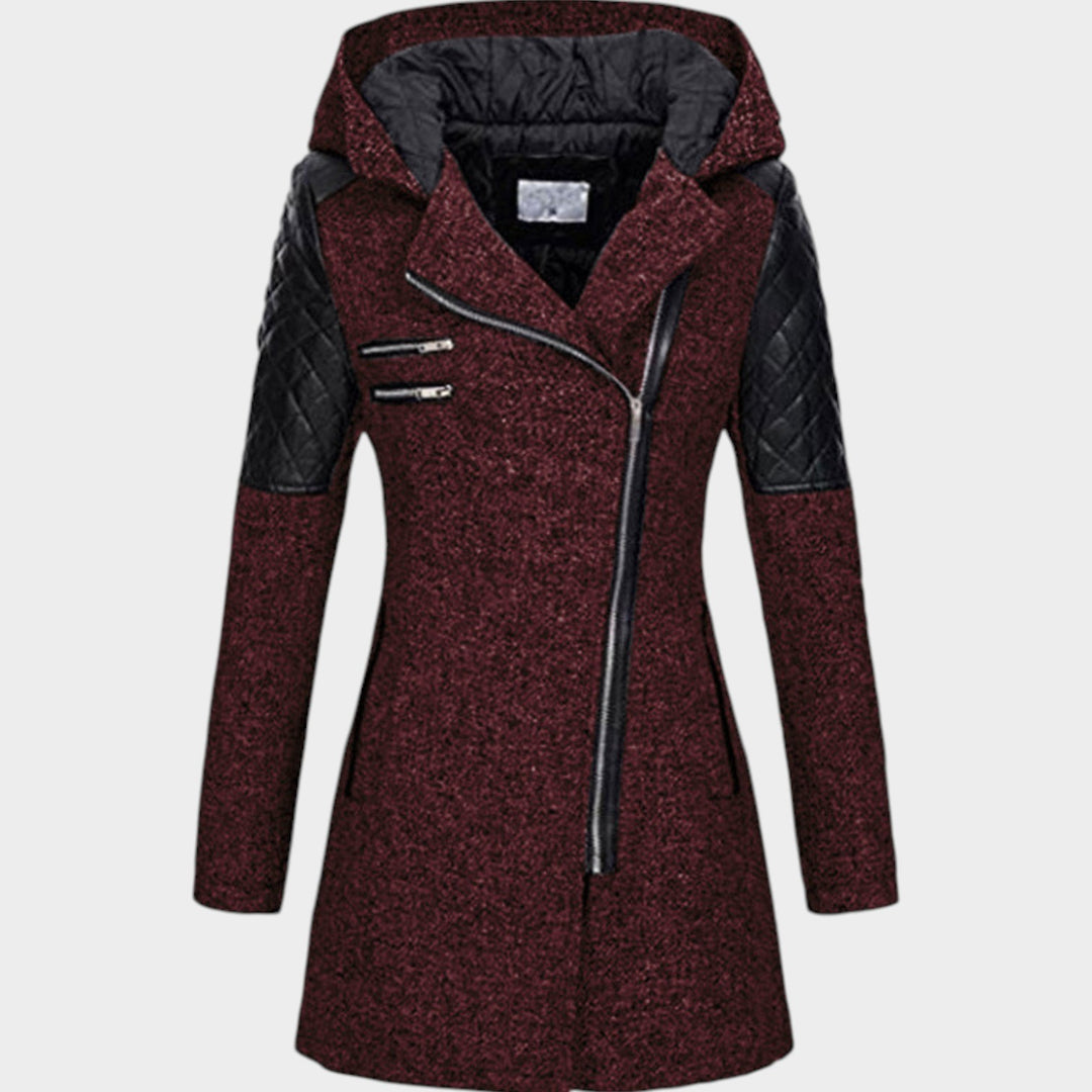 Women’s Hooded Coat Asymmetric Zip Front Quilted Sleeves