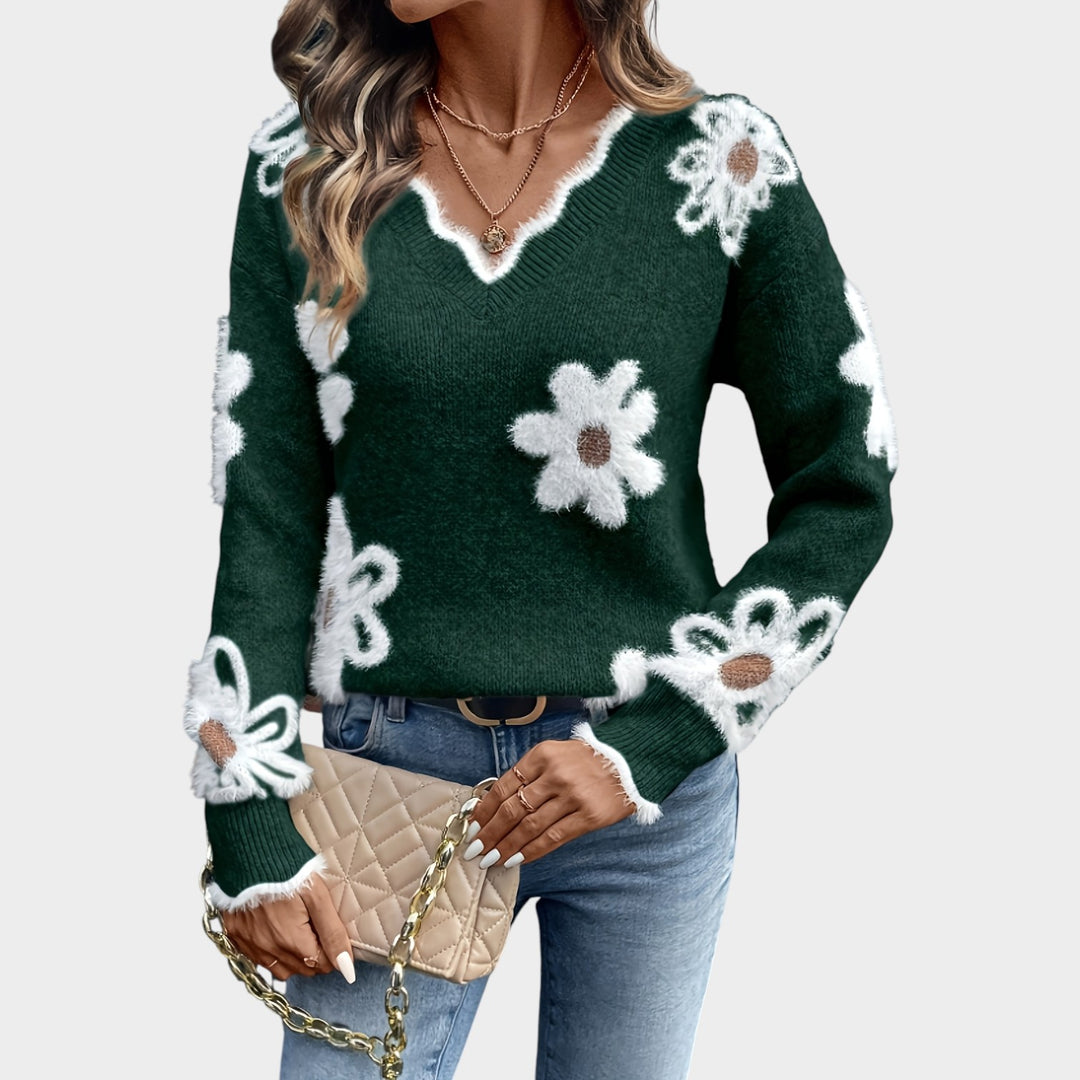 Women’s Knit Sweater Floral Pattern Long Sleeve Classic Style