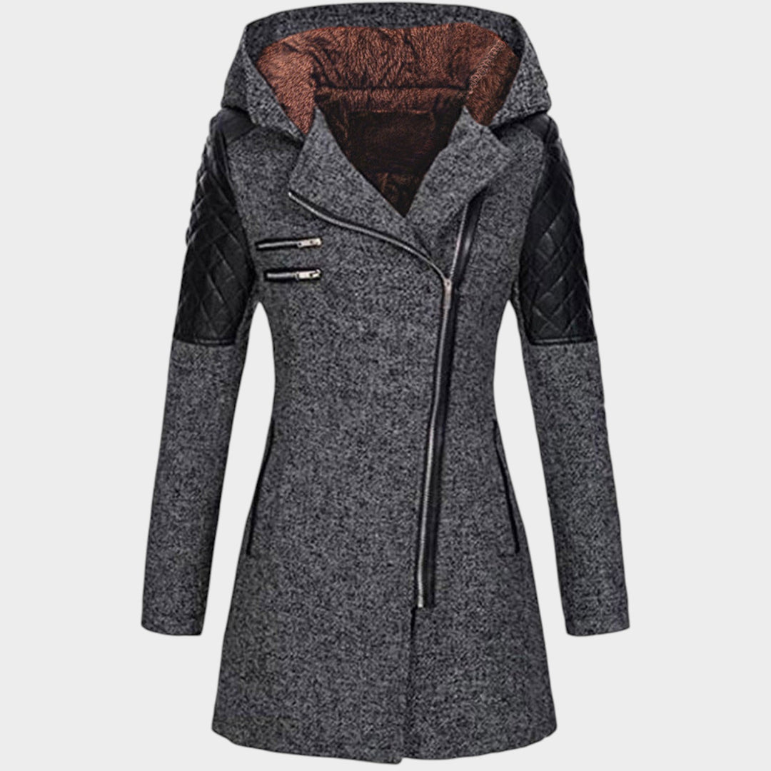Women’s Hooded Coat Asymmetric Zip Front Quilted Sleeves