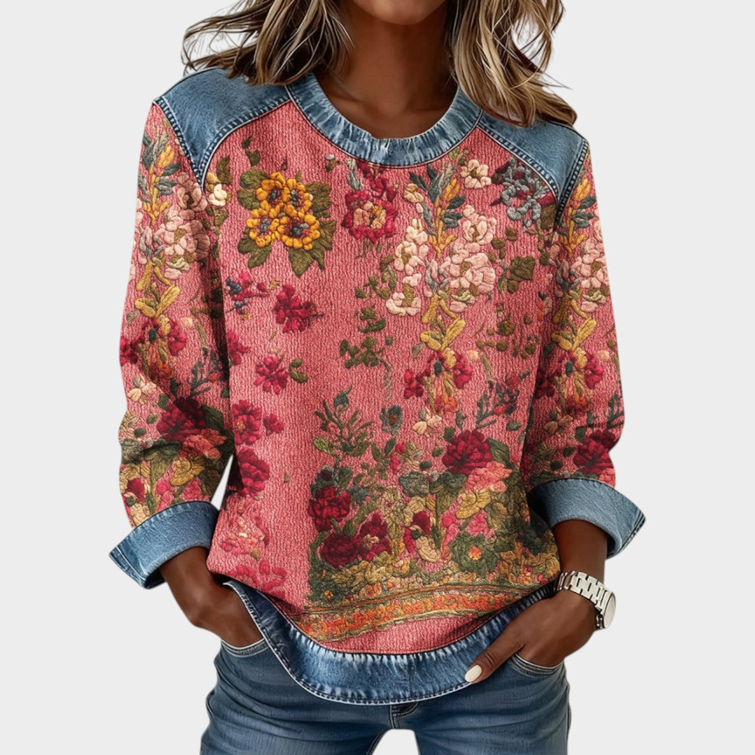 Women’s Floral Sweatshirt Denim Trim 3D Print