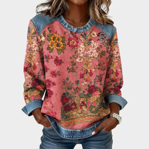 Women’s Floral Sweatshirt Denim Trim 3D Print