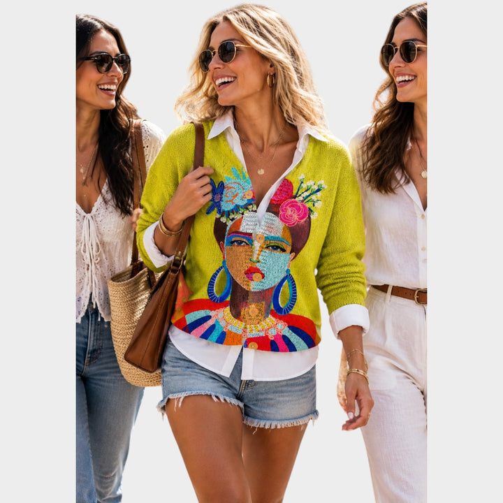 Women’s Knit Cardigan Art Print Button Front