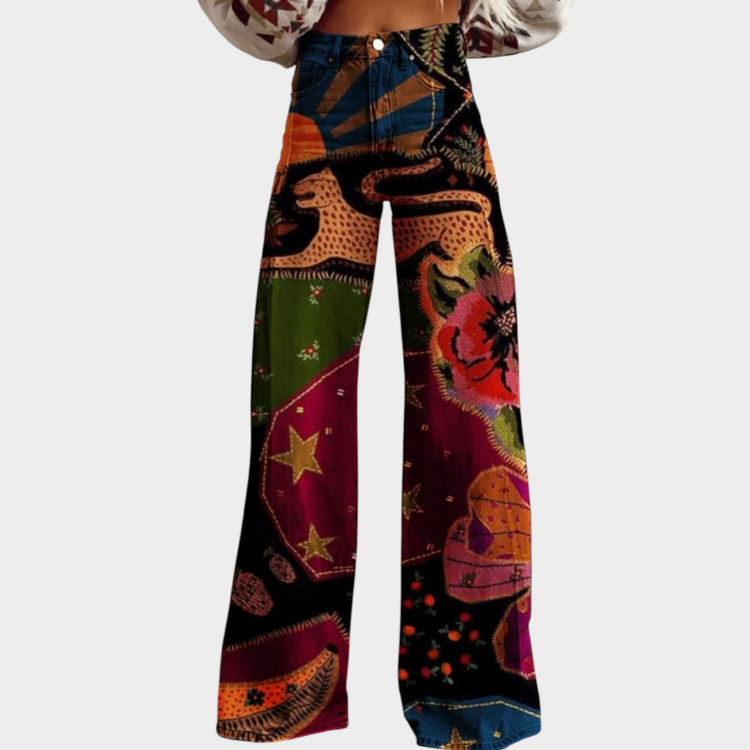 Women’s Boho Pants Retro Print Wide Leg Relaxed Fit