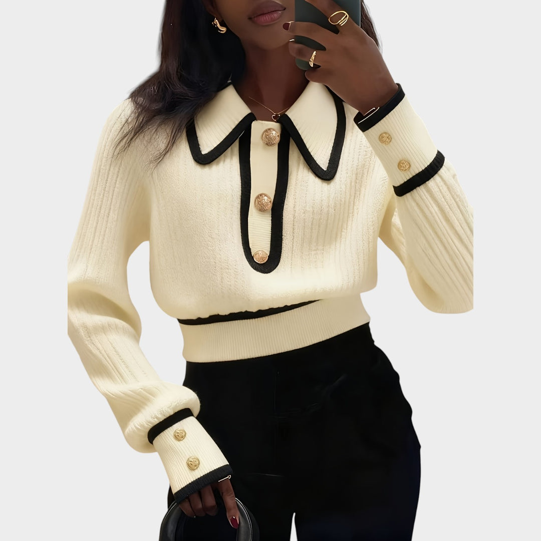 Women’s Knit Sweater Spliced Lapel Metal Button Detail