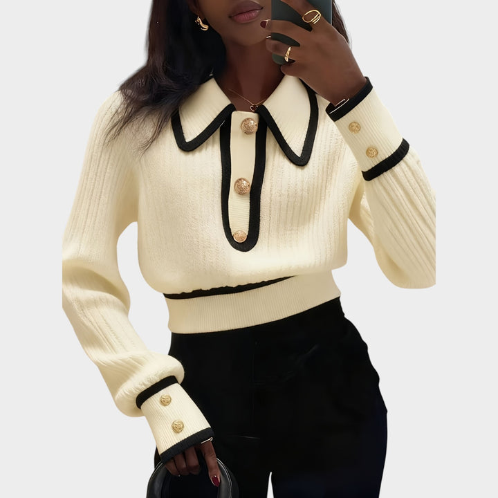 Women’s Knit Sweater Spliced Lapel Metal Button Detail