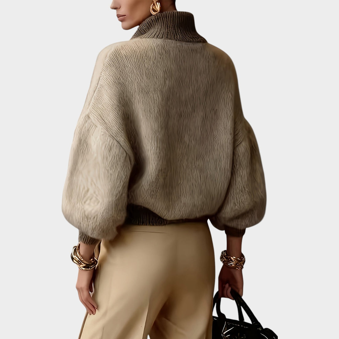 Women’s Knit Sweater Half Zip High Collar Balloon Sleeves