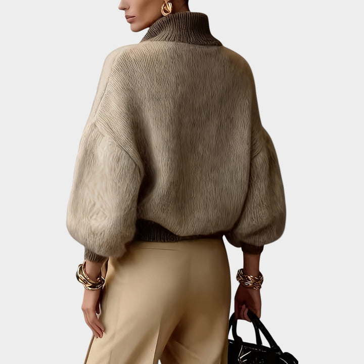 Women’s Knit Sweater Half Zip High Collar Balloon Sleeves