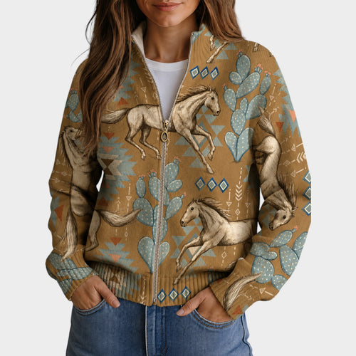 Women’s Cardigan Horse Print Cactus Western Style