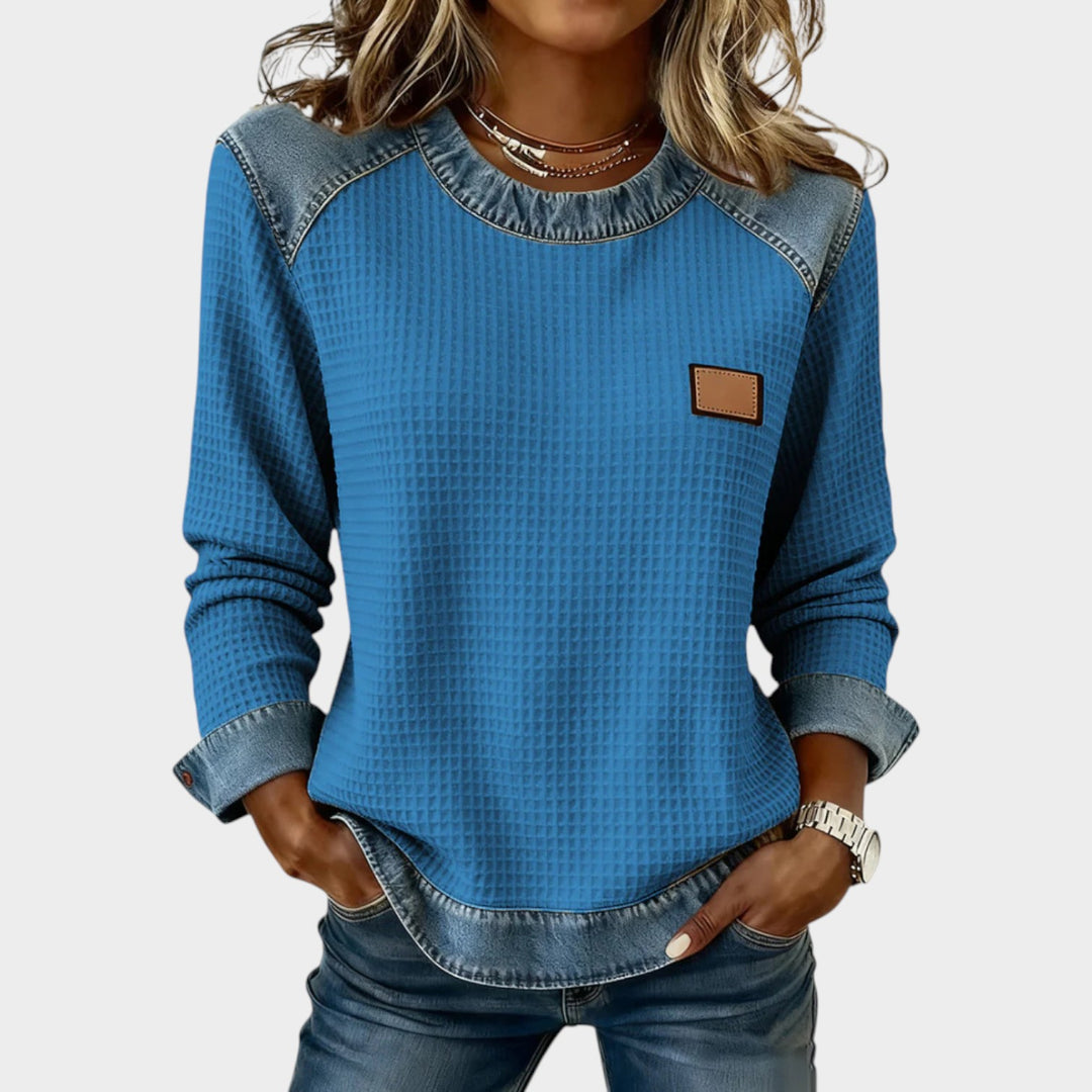Women’s Patchwork Sweatshirt Waffle Texture Casual Style