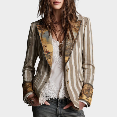 Women’s Blazer Boho Striped Print Lapel
