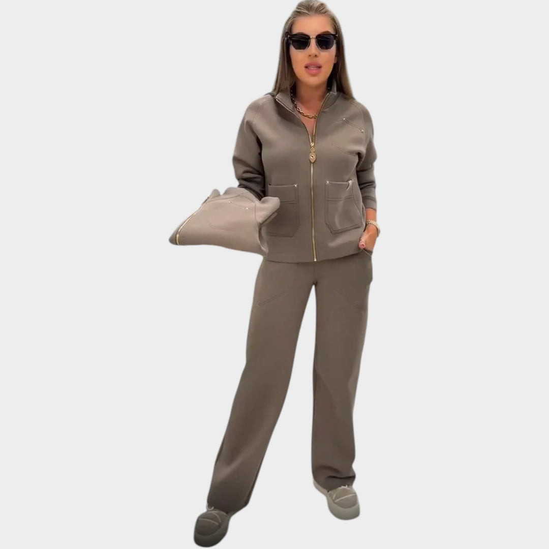 Women’s Two Piece Set Cropped Zip Jacket Wide Leg Trousers
