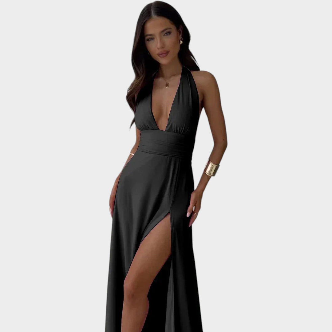 Deep V Halter Neck Formal Maxi Dress