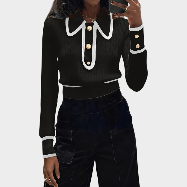 Women’s Knit Sweater Spliced Lapel Metal Button Detail