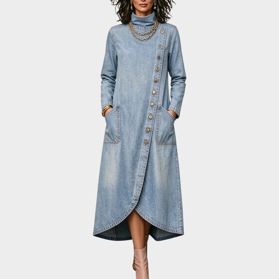 Women’s Denim Maxi Dress High Neck Diagonal Button Front