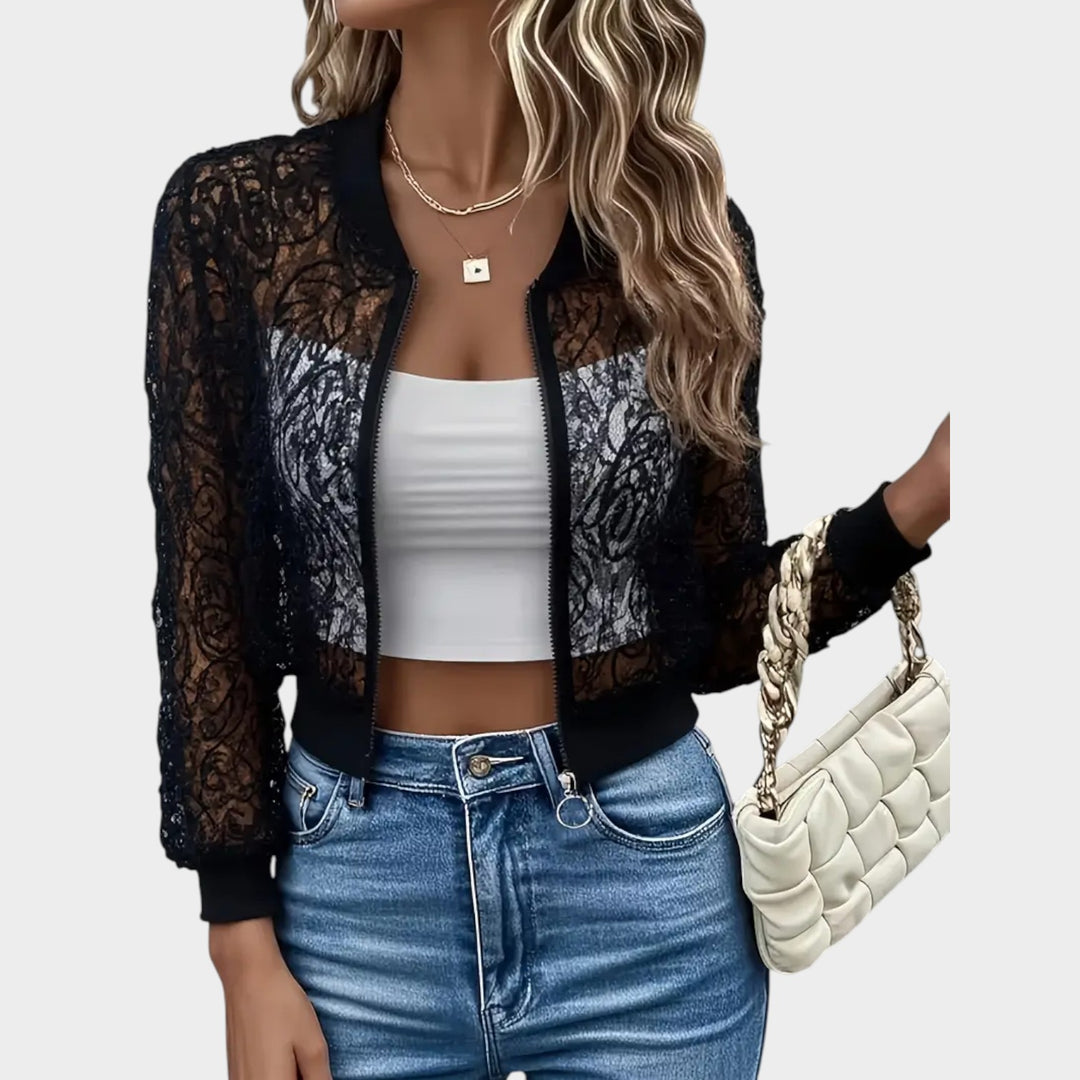 Women’s Bomber Jacket Sheer Lace Cropped Floral Design