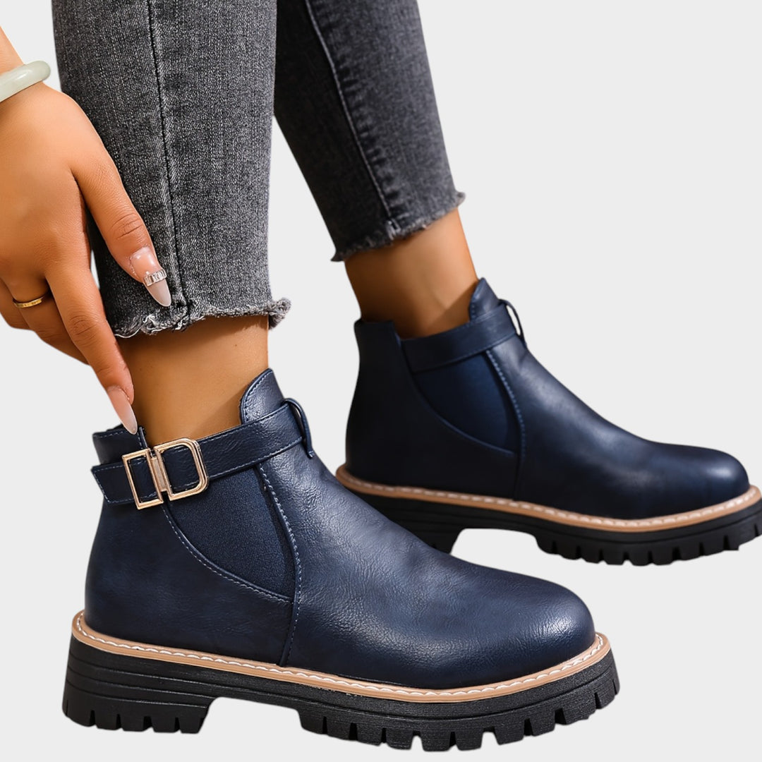 Women’s Chelsea Boots Chunky Heel Metal Buckle Thick Sole