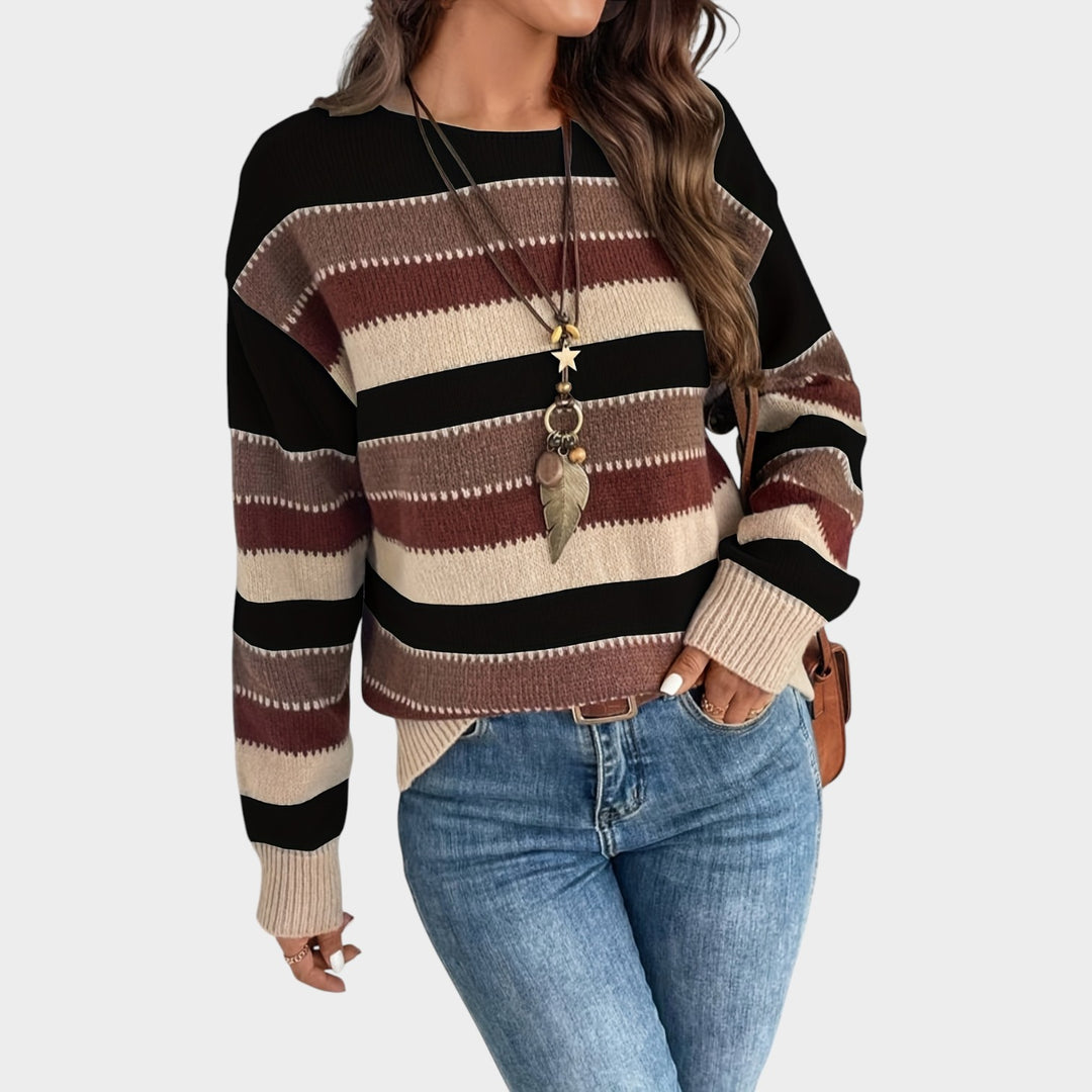 Women’s Knit Sweater Horizontal Stripe Round Neck Loose Fit