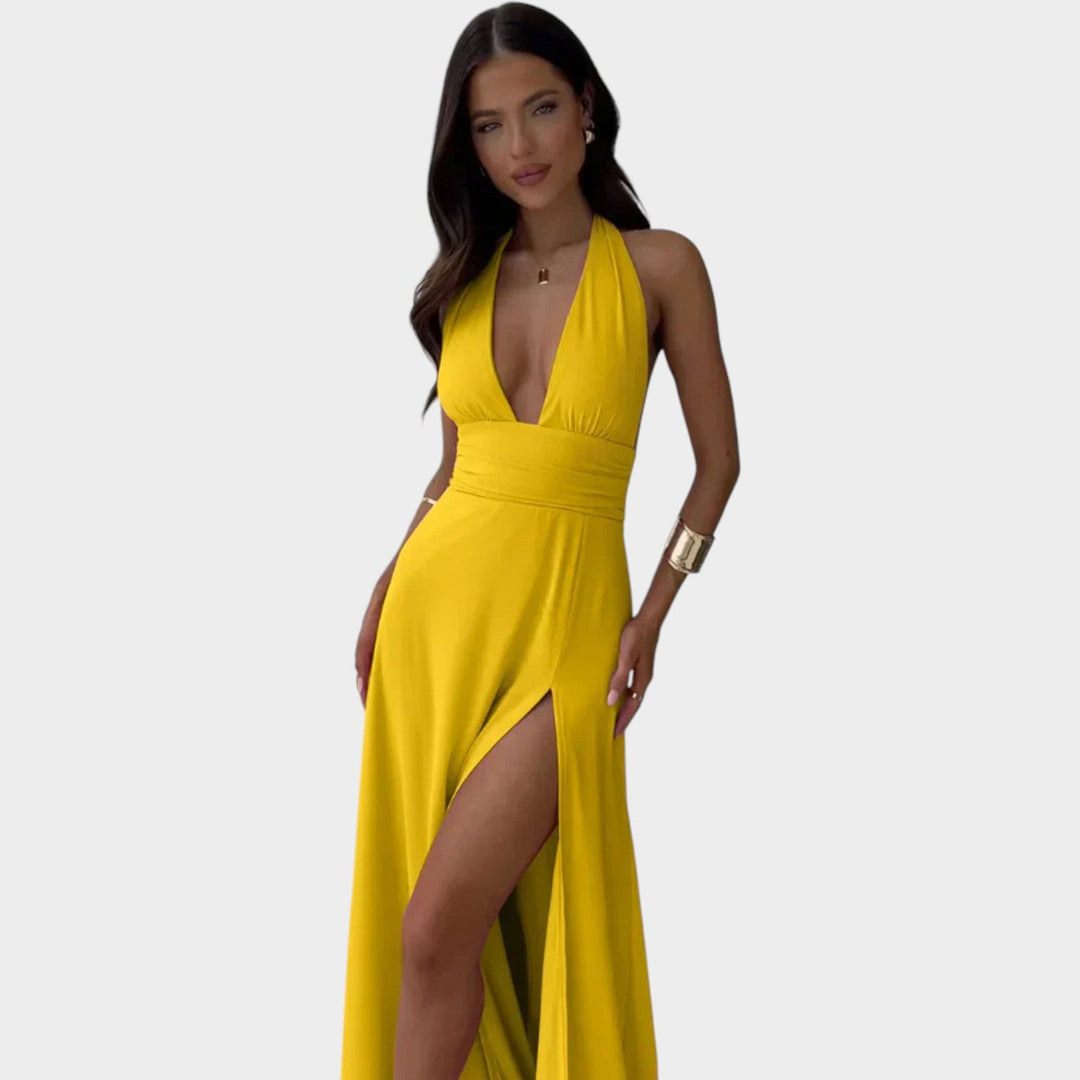 Deep V Halter Neck Formal Maxi Dress
