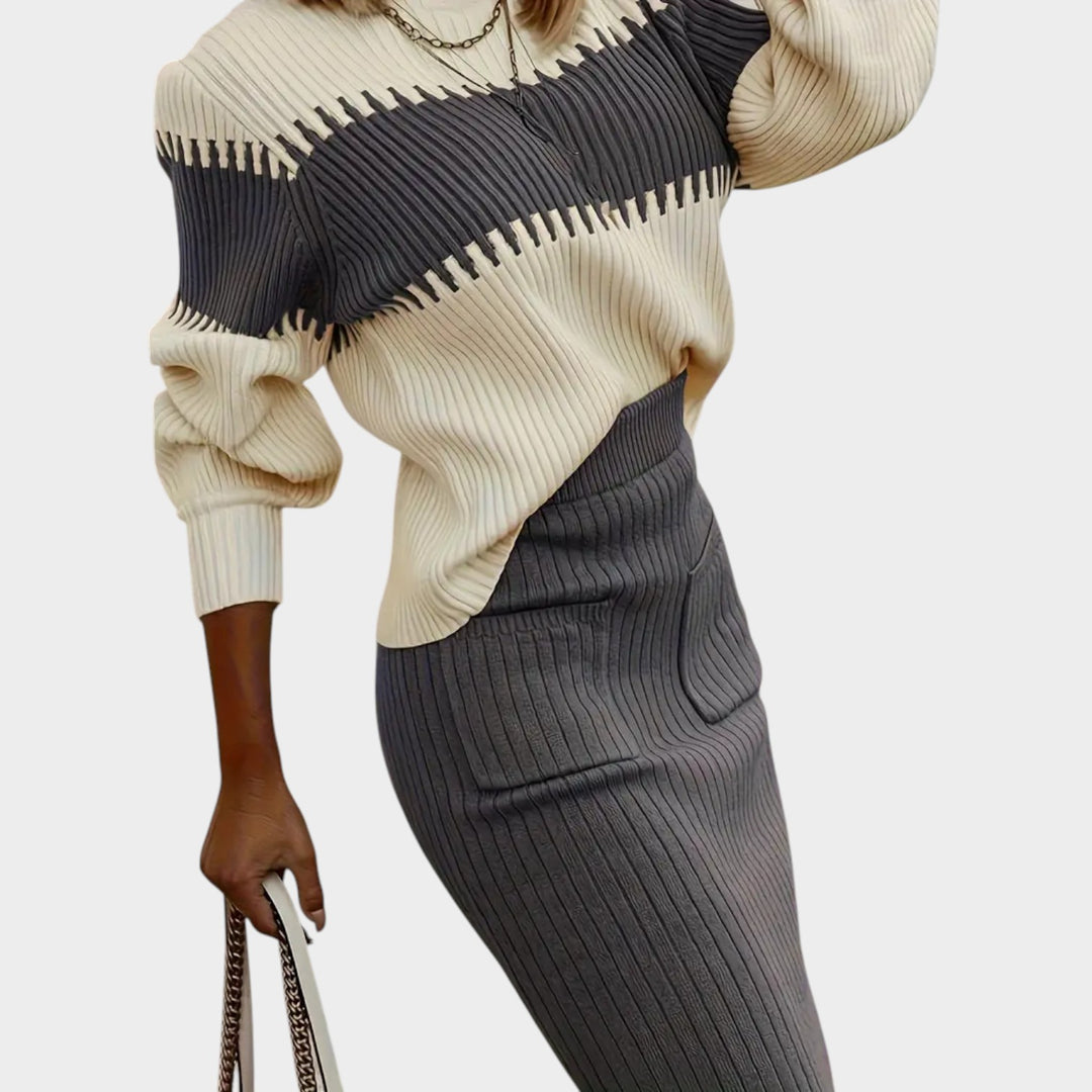 Women’s Ribbed Two Piece Set Color Block Knit Sweater