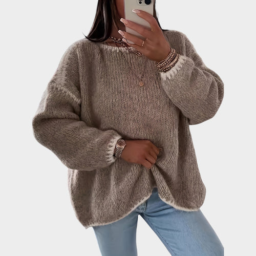 Women’s Knit Sweater Solid Contrast Boat Neck Loose Fit