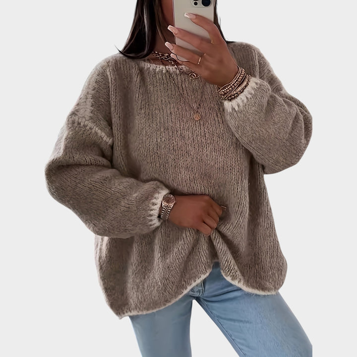 Women’s Knit Sweater Solid Contrast Boat Neck Loose Fit