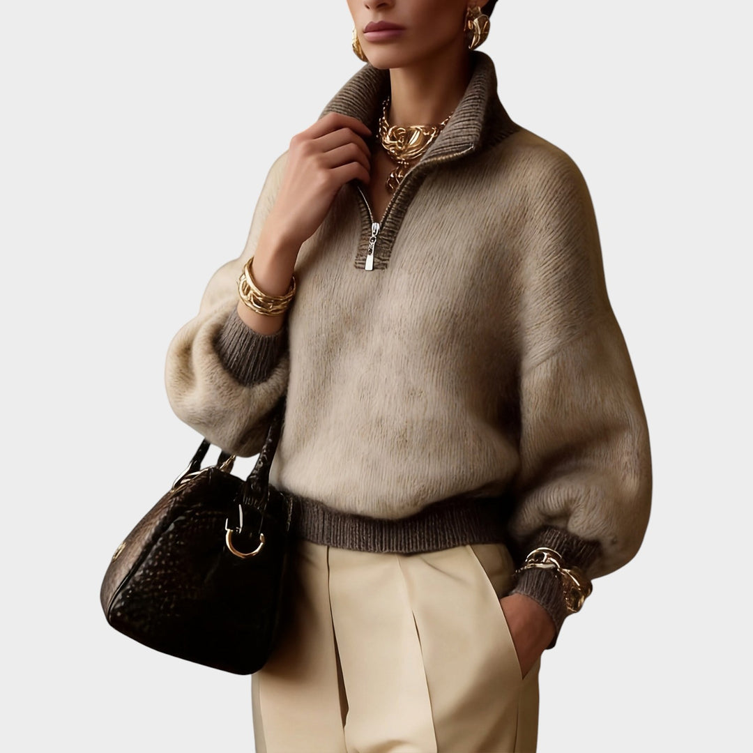 Women’s Knit Sweater Half Zip High Collar Balloon Sleeves