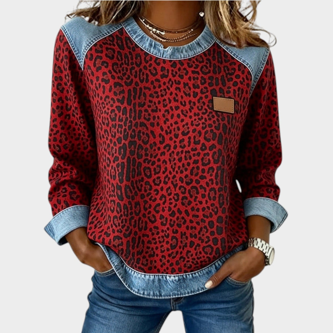 Women’s Sweater Leopard Print Denim Trim Relaxed Fit