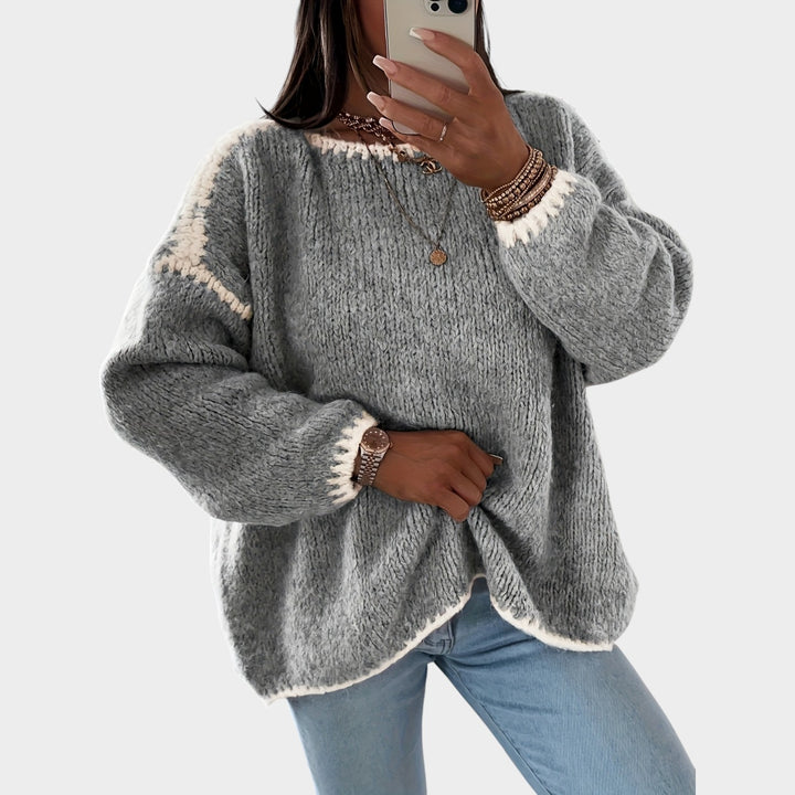Women’s Knit Sweater Solid Contrast Boat Neck Loose Fit