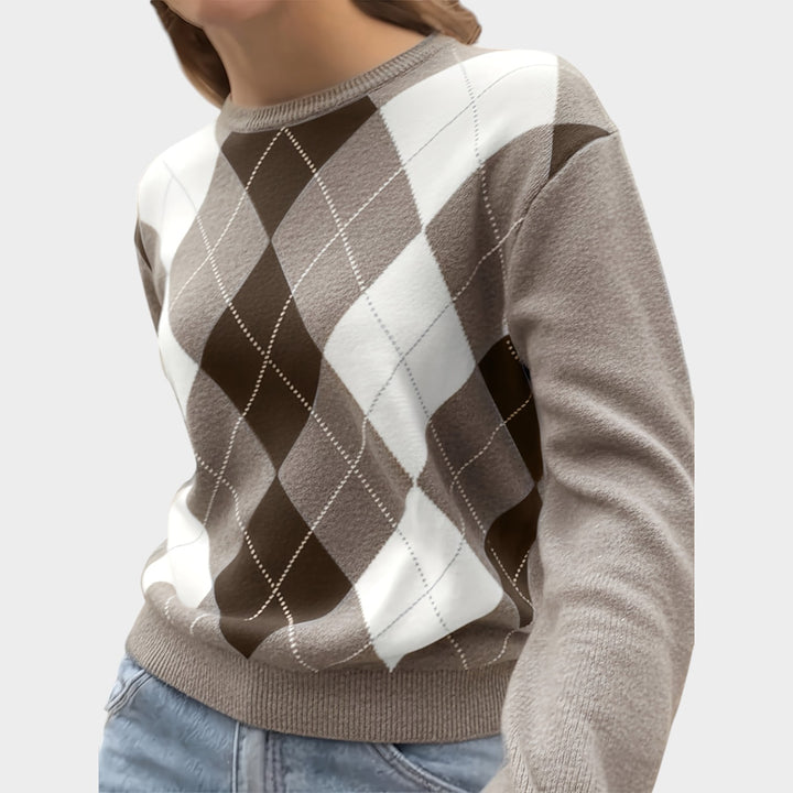 Women’s Knit Sweater Crew Neck Argyle Print  Long Sleeve