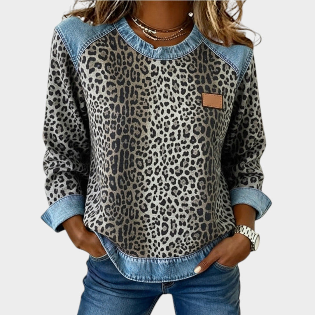 Women’s Sweater Leopard Print Denim Trim Relaxed Fit