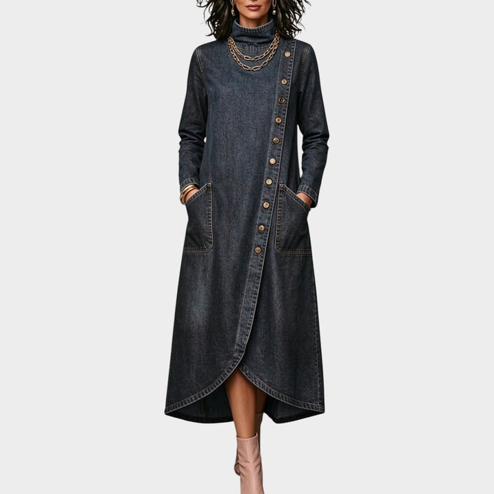 Women’s Denim Maxi Dress High Neck Diagonal Button Front