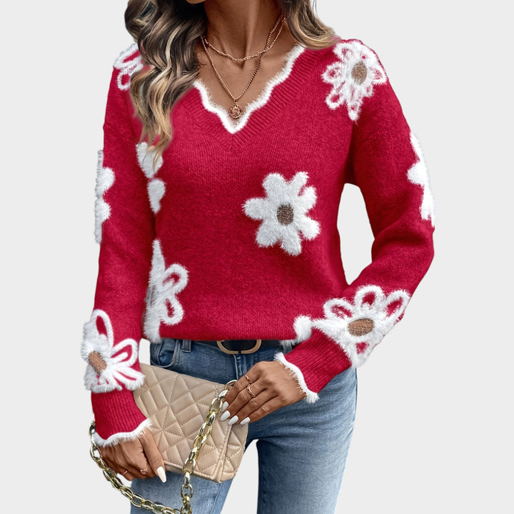 Women’s Knit Sweater Floral Pattern Long Sleeve Classic Style