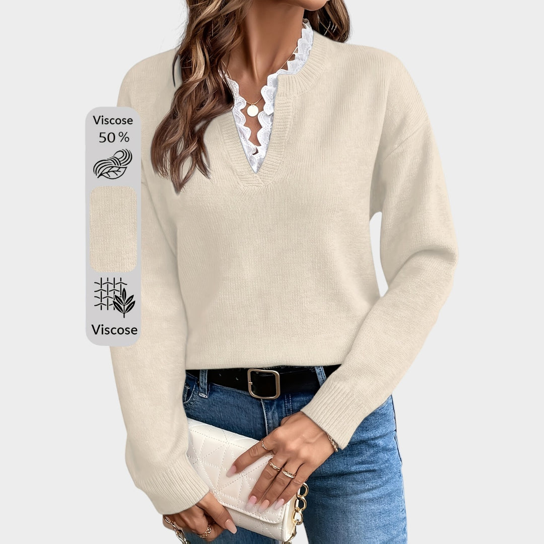 Women’s Knit Sweater Lace Collar Drop Shoulder Long Sleeve