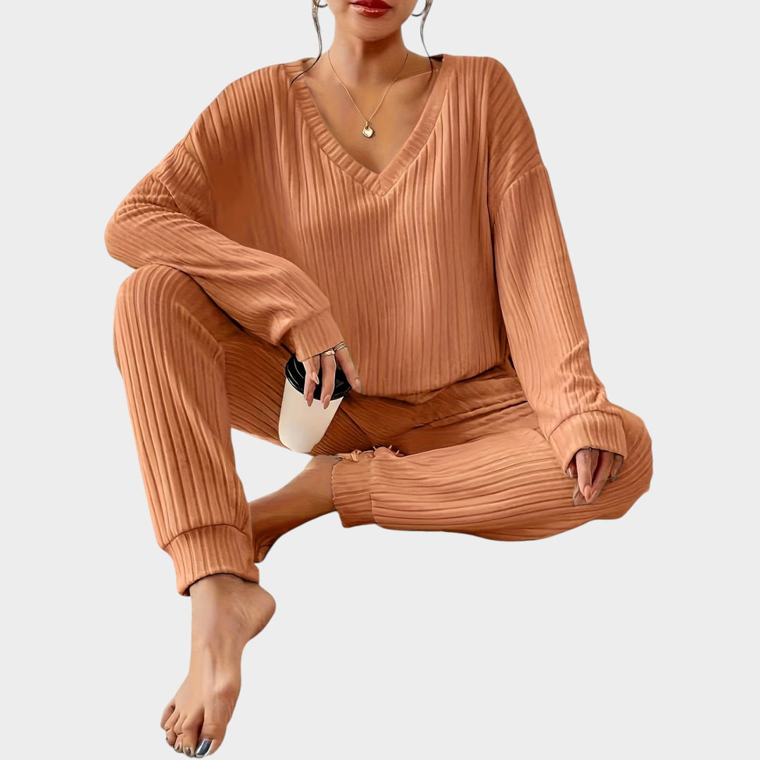 Women’s Matching Set 2 Piece Lounge Set Casual V Neck Ribbed Knit