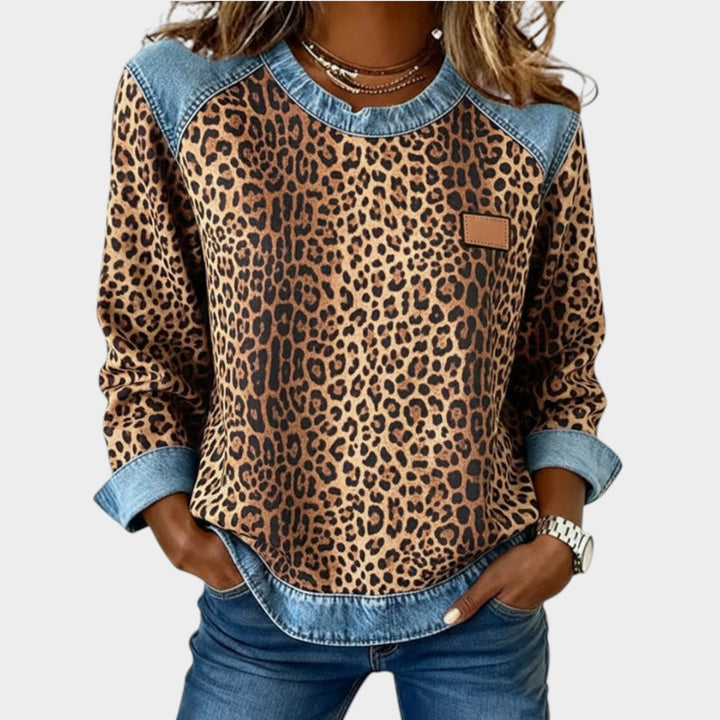 Women’s Sweater Leopard Print Denim Trim Relaxed Fit