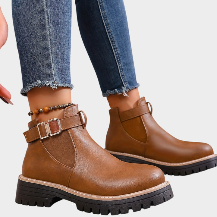 Women’s Chelsea Boots Chunky Heel Metal Buckle Thick Sole