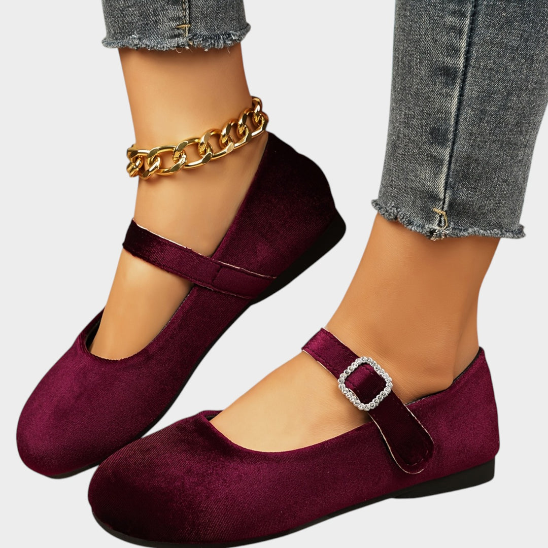 Women’s Velvet Mary Jane Flats Rhinestone Detail