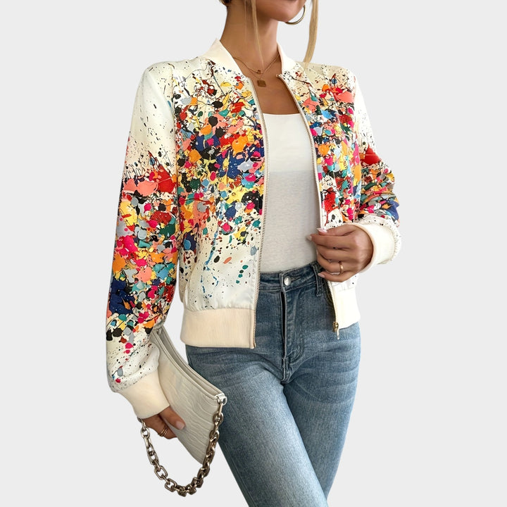 Women’s Bomber Jacket Casual Multicolor Abstract Print Zip Up