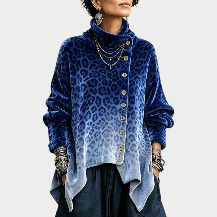 Women’s Velvet Turtleneck Top Asymmetric Button Detail