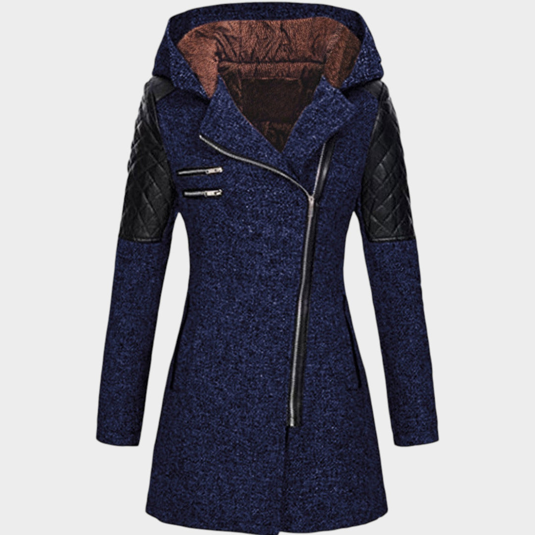 Women’s Hooded Coat Asymmetric Zip Front Quilted Sleeves