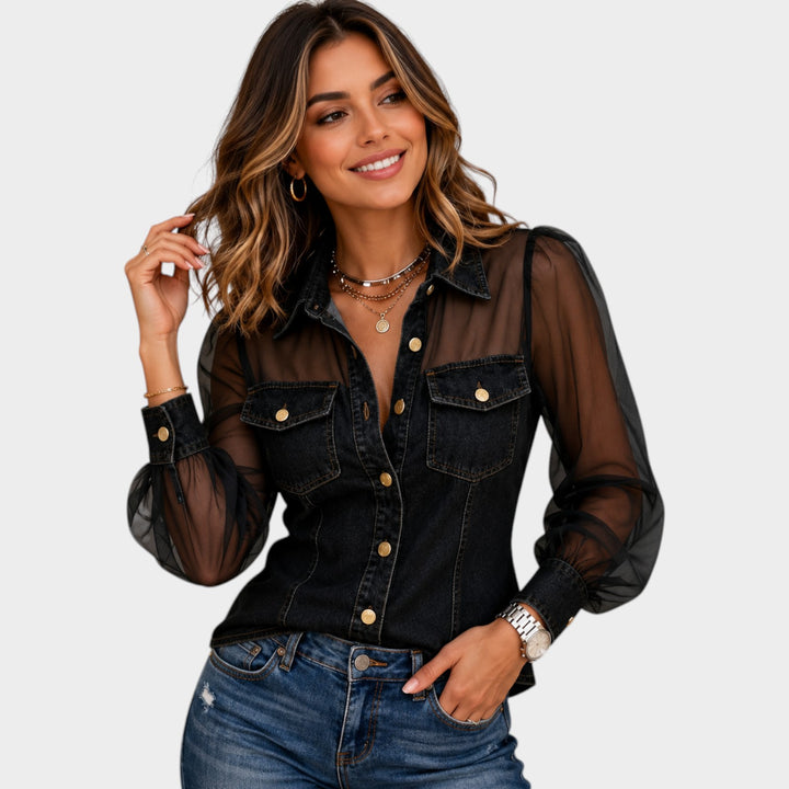 Women’s Denim Blouse with Sheer Sleeves