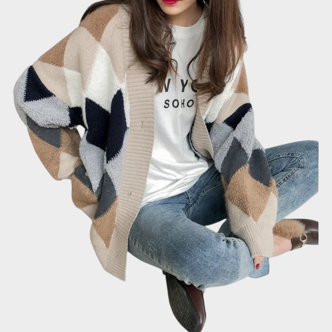 Women’s Knit Cardigan Plaid Pattern V-Neck