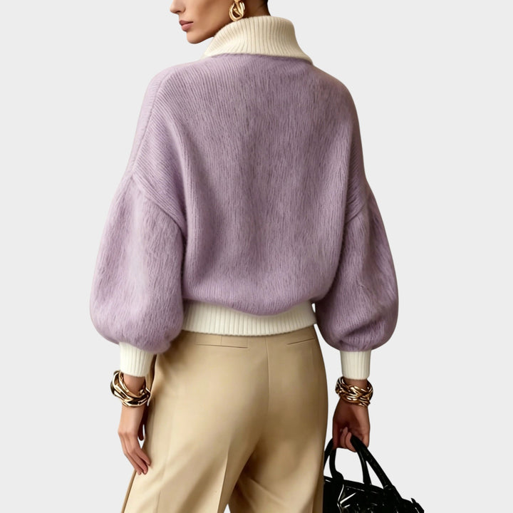 Women’s Knit Sweater Half Zip High Collar Balloon Sleeves