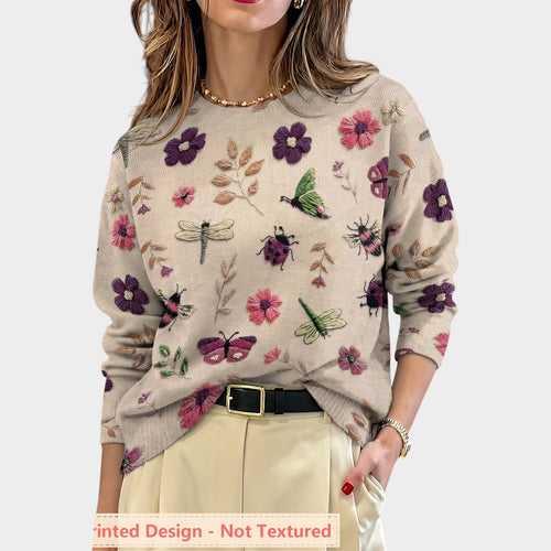 Women’s Knit Sweater Floral Print Crew Neck Long Sleeve