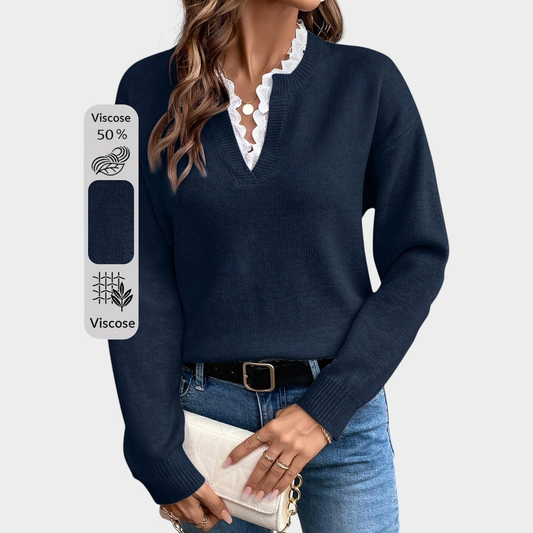 Women’s Knit Sweater Lace Collar Drop Shoulder Long Sleeve