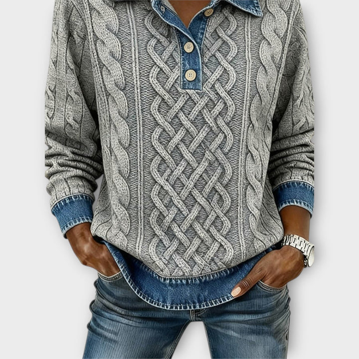 Denim-Collar Cable Knit Sweater