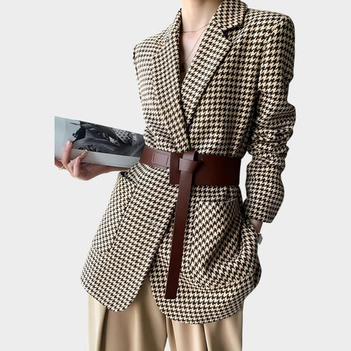 Women’s Belted Blazer with Houndstooth Pattern