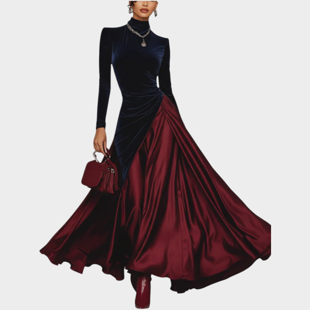 Women’s Long Dress Velvet Satin Two Tone Style